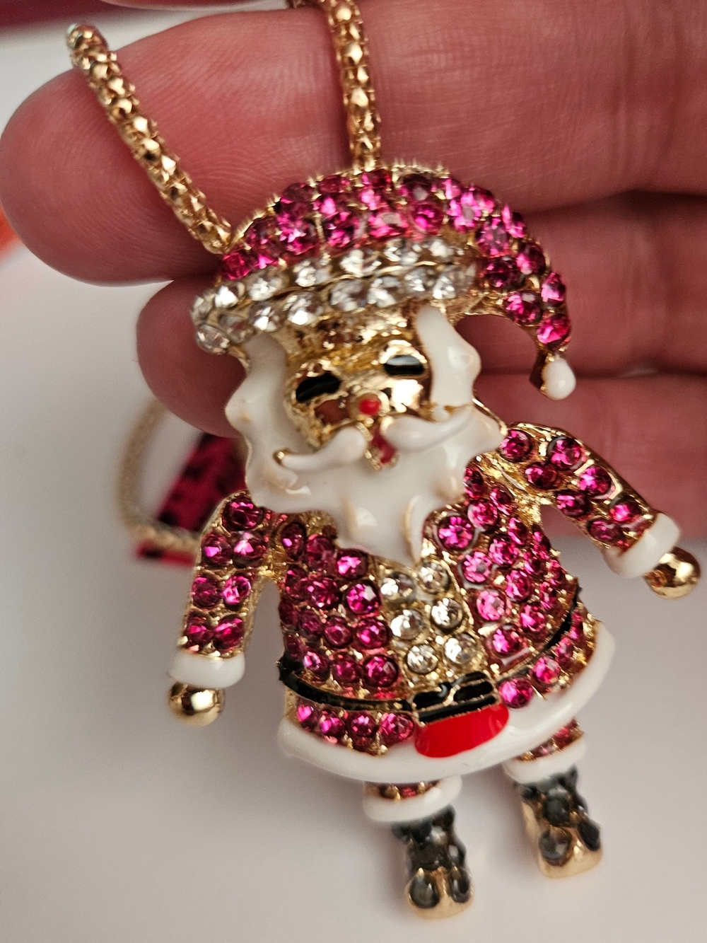 Betsey Johnson Gold-Tone Pink Crystal Santa Pendant Necklace - Picture 2 of 5